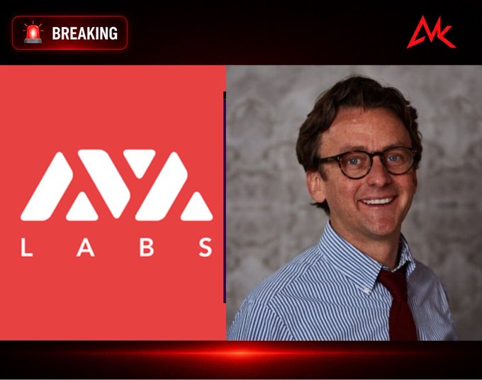 A breaking news graphic from 'MK' featuring the AVA Labs logo alongside a photo of a smiling man with glasses, a blue striped shirt, and a red tie.