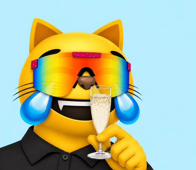 A 3D yellow cat emoji wearing rainbow sunglasses cries tears of joy while holding a champagne flute against a light blue background.