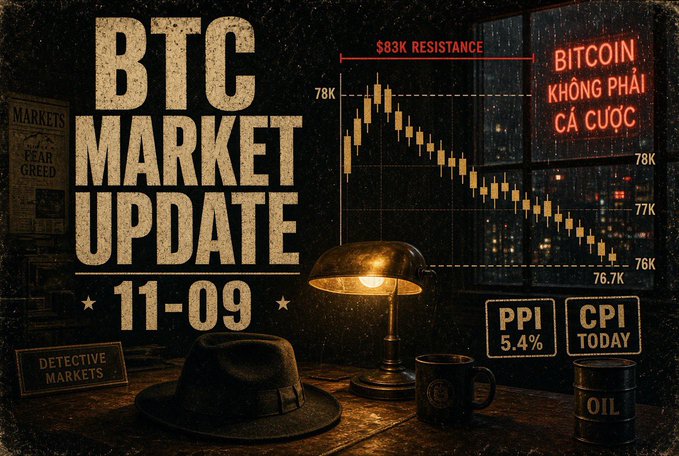 Vietnamese-language BTC Market Update graphic dated 11-09 with a noir/detective theme, displaying a candlestick chart near $83K resistance, highlighting PPI 5.4%, CPI Today, and 'BITCOIN KHÔNG PHẢI CÁ CƯỚC' text.