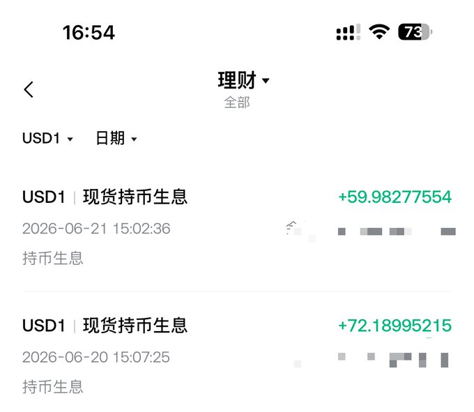 The image shows a phone screen displaying two different currency values, one being US dollars (USD1) and another being Chinese yen (WLFI). The phone's clock displays 16:54, indicating that it was taken at approximately 6:55 in the evening. The text on the screen reads "币安钱包的 $USD1 理财又来续杯了", which translates to "US dollars" and "Chinese yen".
