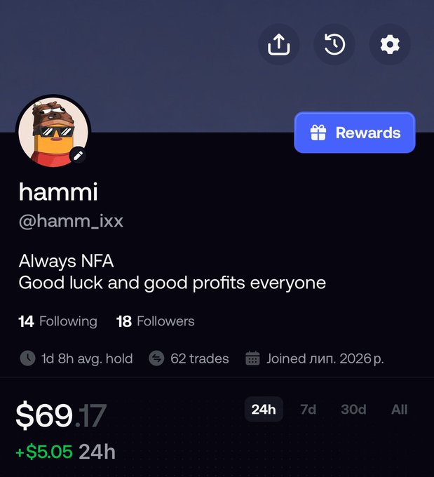 A user profile page for 'hammi' (@hamm_ixx) with the bio 'Always NFA, Good luck and good profits everyone,' showing 14 following, 18 followers, and a portfolio value of $69.17.