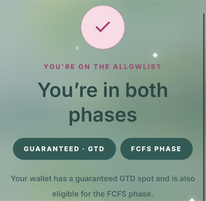 A confirmation screen showing a pink checkmark with the text "YOU'RE ON THE ALLOWLIST" and "You're in both phases," indicating eligibility for both the GUARANTEED (GTD) and FCFS PHASE of the momoyumemi NFT supply (#4444), supporting the post's claim that the community received WL GTD spots for the August 4th mint at 0.0075 ETH.
