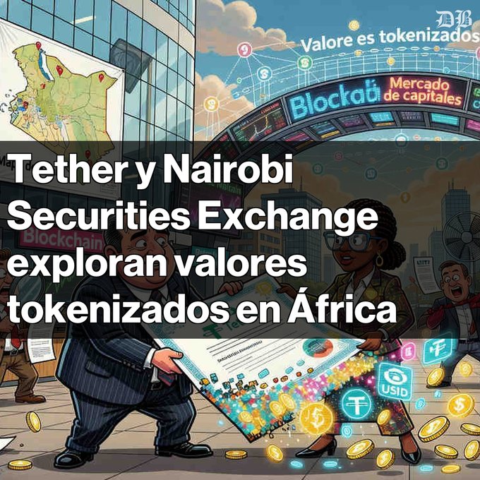An illustrated news graphic with the headline 'Tether y Nairobi Securities Exchange exploran valores tokenizados en África,' depicting cartoon characters exchanging a large blockchain-themed document.