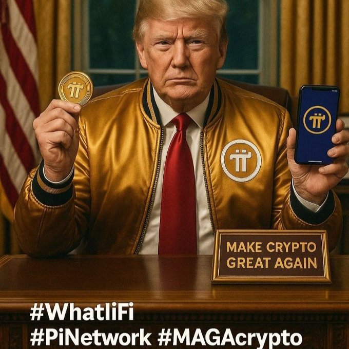An AI-generated image depicts Donald Trump wearing a gold Pi Network jacket, holding a Pi cryptocurrency coin and a smartphone displaying the Pi logo, with a 'MAKE CRYPTO GREAT AGAIN' sign on the desk and hashtags #WhatIiFi #PiNetwork #MAGAcrypto below.
