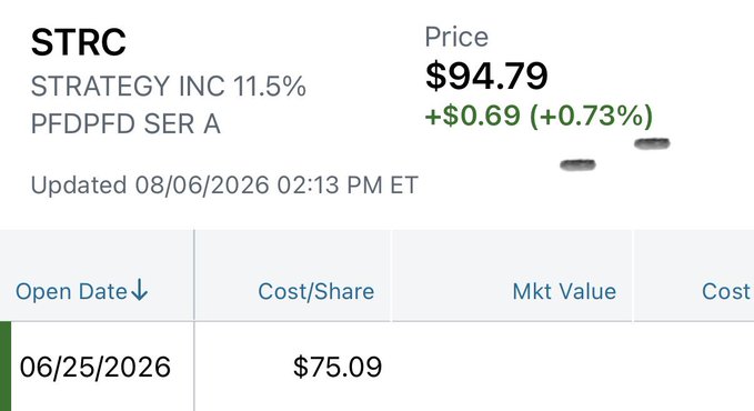 A stock information card showing 'STRC' (Strategy Inc 11.5% PFDPFD SER A) at a price of $94.79, up $0.69 (+0.73%), with an open date of 06/25/2026 and cost/share of $75.09.