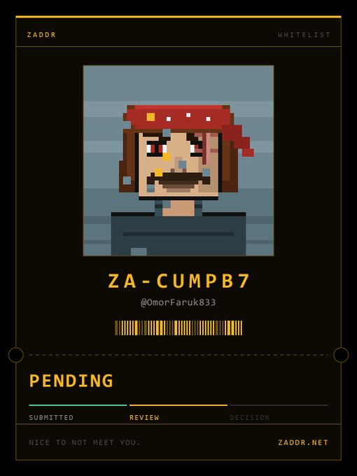 A digital ID card on ZADDR.NET displays the pixelated avatar of "ZADOR" (ZA-CUMPB7, @omorFaruk833) with a pending whitelist review status, illustrating the post's concept of anonymous profile identities on the Zcash network where public faces are tied to memorable usernames rather than exposed wallet addresses.