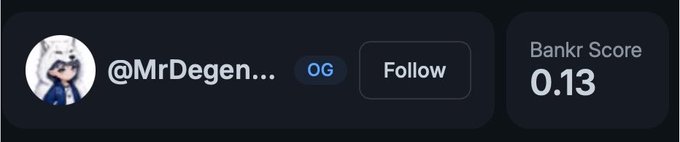The image shows a social media profile card for "@MrDegen..." featuring an anime-style avatar, a "Follow" button, and a "Bankr Score" of 0.13. The accompanying post highlights the user as an OG Bankr Club member holding $DRB, $LFI, and $WOLF tokens, illustrating their status within the Bankr ecosystem despite the low displayed score.