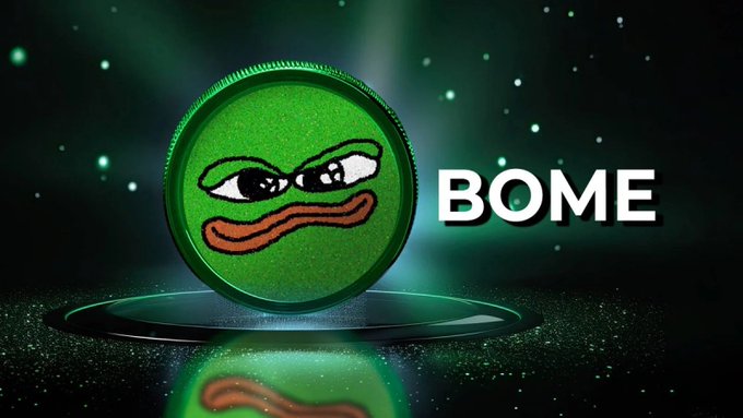 A green coin featuring the Pepe the Frog meme face is shown alongside the text "BOME," with a cosmic green background. The image promotes the BOME memecoin, aligning with the post's mention of holding a $10 million position in this coin and seeking OTC buyers.