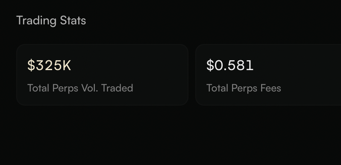 A "Trading Stats" dashboard displays $325K Total Perps Volume Traded alongside $0.581 Total Perps Fees, visually celebrating the milestone of reaching $325K in cumulative perpetual trading volume with just $55 in starting capital.