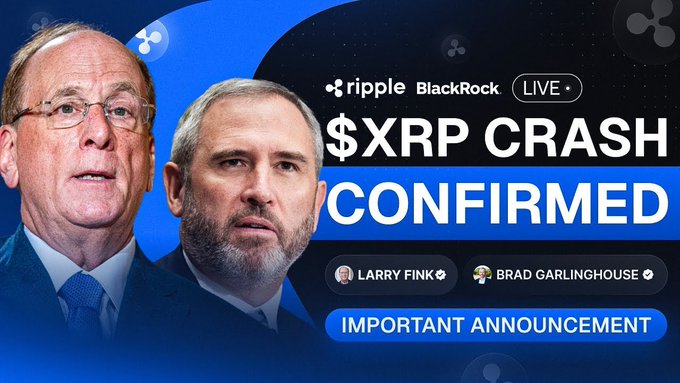 The image features two men wearing suits, with one man's face partially visible behind a blue background. The text "Ripple" and "BlackRock Live" are displayed at the top of the image. Below this, there is a caption that reads "Confirmed", indicating that something has been confirmed or confirmed by Ripple. The caption also includes an important announcement about cryptocurrency trading.