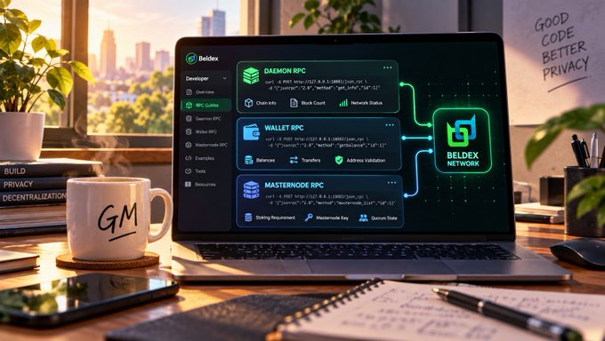 A laptop on a desk displays the Beldex developer dashboard showing Daemon RPC, Wallet RPC, and Masternode RPC options for the Beldex Network, accompanied by a coffee mug reading 'GM' and a sign saying 'GOOD CODE BETTER PRIVACY'.