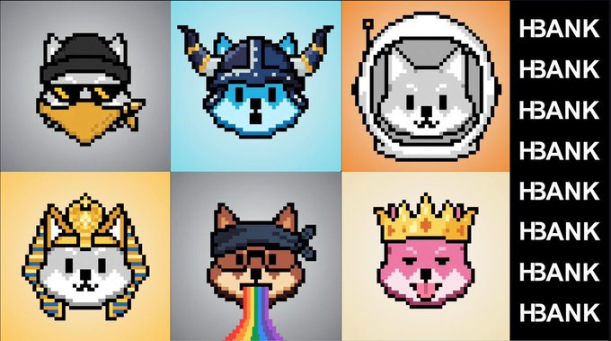 The image features a collection of six cartoon cat faces, each with unique characteristics such as wearing a crown or a hat. The cats are arranged in two rows of three, creating an appealing visual effect. The background color of the image is white, which contrasts nicely with the colorful and whimsical nature of the cat characters. The text "hbank" appears multiple times throughout the image, suggesting that these cartoon cats might be related to a bank or financial institution.