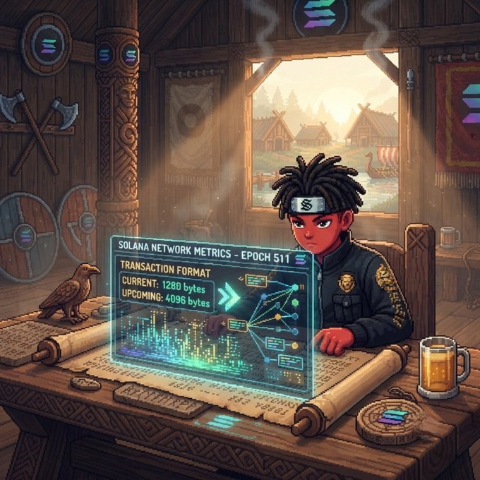 A stylized digital illustration of an anime character with dreadlocks and a Solana headband in a Viking-themed tavern, working on a holographic 'SOLANA NETWORK METRICS - EPOCH 511' transaction format display showing 1280 bytes current and 4096 bytes upcoming.