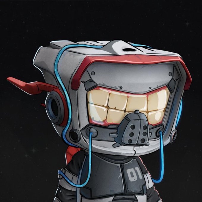 A digital illustration of a cartoonish character with a large helmet featuring prominent teeth, set against a dark starry background.
