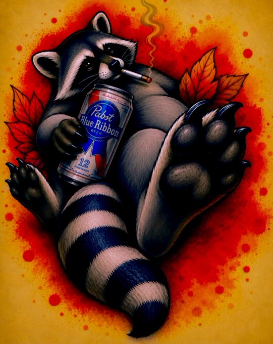 A stylized illustration of a relaxed raccoon smoking a cigarette and holding a can of Pabst Blue Ribbon beer against a fiery red and orange background.