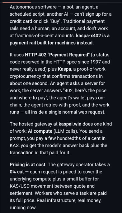 The image shows a text excerpt describing **kaspa-x402**, a payment rail for AI agents/machines built on Kaspa (KAS) cryptocurrency, utilizing HTTP 402 "Payment Required" status codes to enable autonomous AI agents to pay for services like LLM compute at kaspa.win with a 0% operator cut.