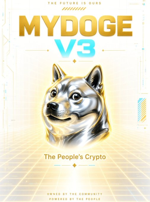 A promotional graphic for 'MYDOGE V3' cryptocurrency features a metallic silver doge/Shiba Inu head, labeled 'The People's Crypto' and 'OWNED BY THE COMMUNITY, POWERED BY THE PEOPLE.'
