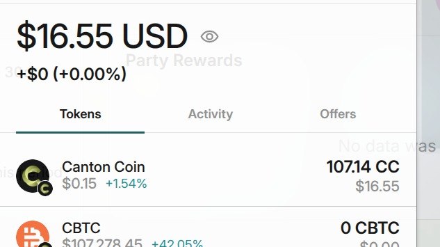 A crypto wallet interface showing a balance of $16.55 USD, with 107.14 Canton Coin (CC) holdings at $0.15 (+1.54%) and CBTC shown at $107,278.45.