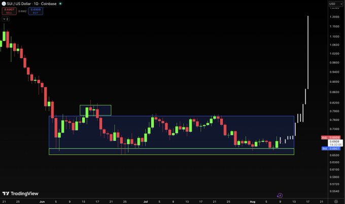 A TradingView daily candlestick chart of SUI/USD on Coinbase shows the price declining sharply from late May, consolidating within a highlighted range between approximately $0.65 and $0.75 through June and July, with the latest candles pushing back toward the lower boundary near $0.69. The image visually supports the post's caption by showing SUI revisiting the bottom of its range, warning that shorting at this support level could be risky.