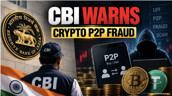 A news thumbnail reading 'CBI WARNS CRYPTO P2P FRAUD' featuring the Reserve Bank of India seal, a hooded scammer, a P2P trading app on a phone, and Bitcoin/USDT coins next to the Indian flag.
