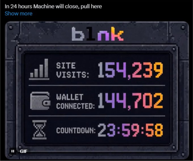 A pixel-art style GIF showing a digital scoreboard titled 'b1nk' with text 'In 24 hours Machine will close, pull here' at the top, displaying 'SITE VISITS: 154,239', 'WALLET CONNECTED: 144,702', and a countdown timer at '23:59:58'.