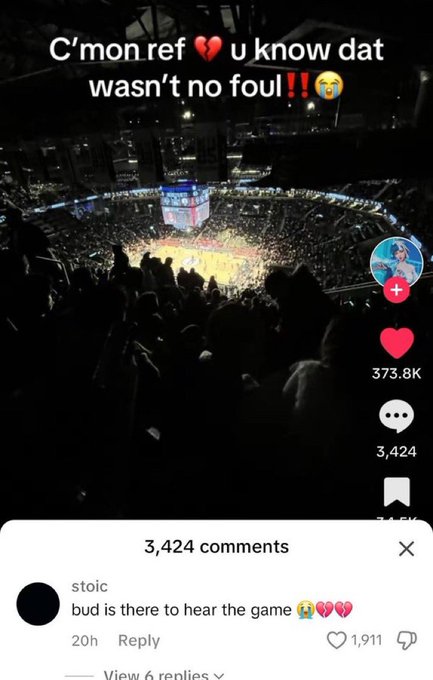 A TikTok video taken from the stands at a basketball arena with text 'C'mon ref 💔 u know dat wasn't no foul!!😭', showing 373.8K likes and a comment from 'stoic' saying 'bud is there to hear the game 😭💔💔💔'.
