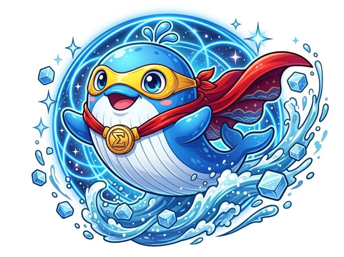 A cartoon illustration of a blue dolphin wearing a yellow superhero mask and red cape with a gold Z coin medallion, surrounded by water splashes and ice cubes.