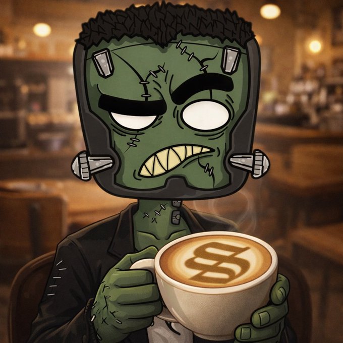 An illustration of a Frankenstein-style monster with a green face, stitches, and metallic bolts, holding a coffee cup with latte art of a dollar sign in a warmly lit café setting.