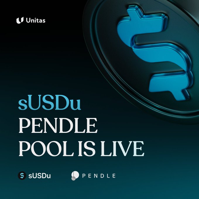 A dark blue promotional graphic announcing 'sUSDu PENDLE POOL IS LIVE' featuring logos for sUSDu and Pendle alongside a large 3D dollar symbol.
