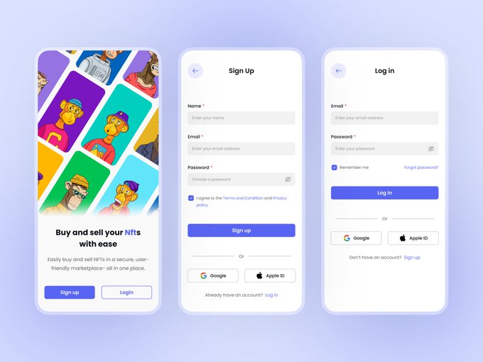 Three mobile UI screens for an NFT marketplace app showing the splash page "Buy and sell your NFTs with ease" alongside Sign Up and Log in screens with social authentication options. The design features colorful Bored Ape-style character illustrations on the welcome screen and clean white forms with Google/Apple ID login buttons for easy user onboarding.