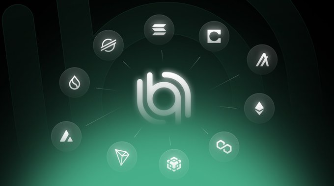 A dark green graphic displaying a central glowing 'bl' logo surrounded by a circular arrangement of various cryptocurrency project icons.