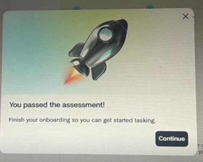 An onboarding screen displaying a rocket illustration with the text "You passed the assessment! Finish your onboarding so you can get started tasking." and a "Continue" button.