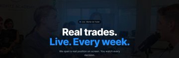 A promotional graphic with a dark blue overlay displays the text "Real trades. Live. Every week." in white and blue lettering, advertising live trading sessions. The image aligns with the post's message, which highlights a successfully called trade entry and promotes upcoming Tuesday live sessions, with registration available at go-profitzacademy.nl/live-sessions.