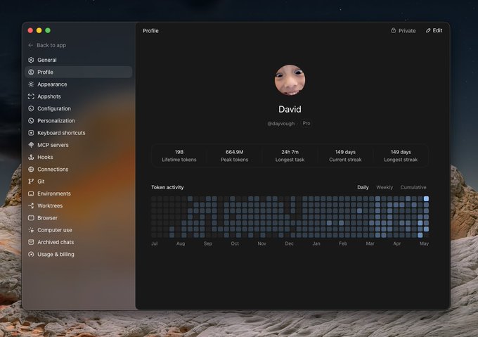 The image shows a computer screen displaying a user's profile picture of David Pro. The background features a mountain landscape with a sunset. The text "Codex all day, everyday" appears near the bottom right corner of the photo.