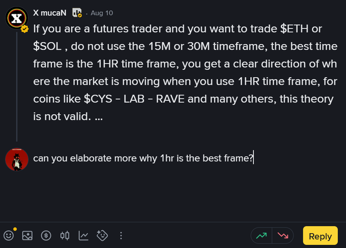 A Discord chat screenshot showing a message from user "X mucaN" advising futures traders on Ethereum ($ETH) and Solana ($SOL) to use the 1HR timeframe instead of 15M or 30M, followed by a reply asking for elaboration.