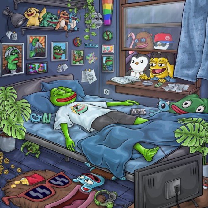 An illustrated scene of Pepe the Frog sleeping in a bed while surrounded by various meme culture characters, including Wojak and other Pepe variants, set in a detailed bedroom with memes on the walls.