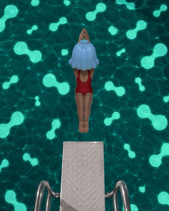 The image features a woman wearing a red swimsuit, diving headfirst off of a white diving board with her arms outstretched as she prepares to take a deep dive into the water below. The background of the image is filled with green circles that appear to be floating in the water, creating an underwater scene. The caption at the bottom of the image reads "Today's plan: take a deep dive into $HYPE what’s your plan for the day?".