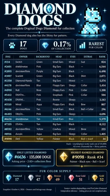 An infographic titled 'DIAMOND DOGS' ranks all 17 of the Diamond fur Doginal Dogs NFTs by rarity, showing the rarest as #6636 'shieldsmax' and highest-ranked as #9098 'Defi' with Painter, Black eyes, Ball + Scarf extras.