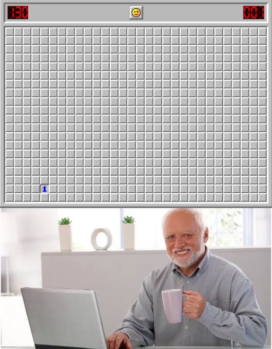 A split image showing a Minesweeper-style grid game at the top and a smiling older man holding a mug while using a laptop at the bottom.
