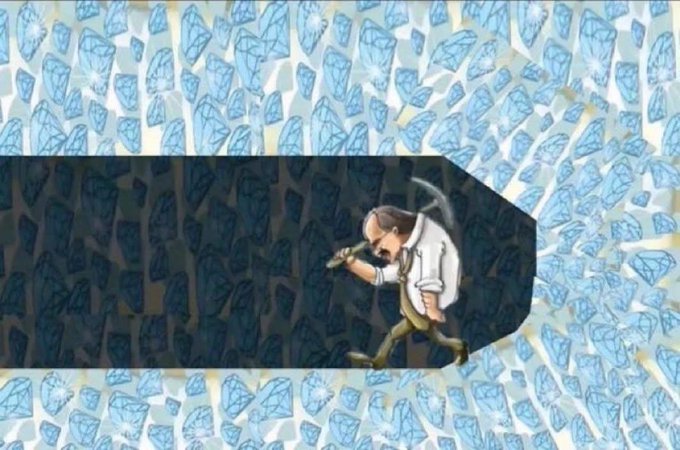 An illustration depicting a man in a lab coat inside a tunnel, surrounded by walls of blue diamond/gem patterns, symbolizing being surrounded by wealth or value.