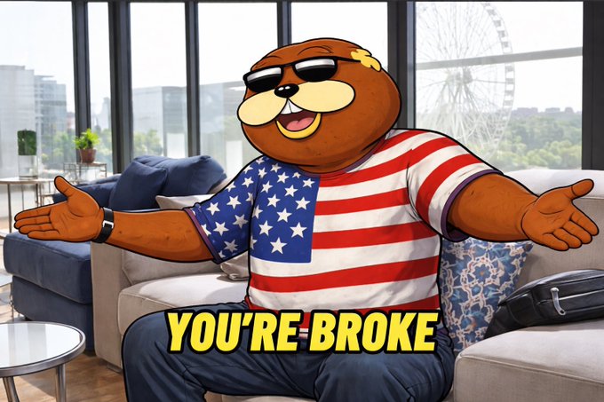 A cartoon illustration of a brown bear wearing sunglasses and an American flag shirt, sitting on a couch with arms outstretched, accompanied by the text 'YOU'RE BROKE'.