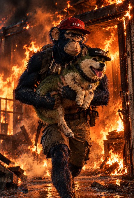 A CGI chimpanzee and a dog, both wearing 'BAD TO THE ROB' hats, run through a burning building in a scene from the movie 'Bad to the Rob'.