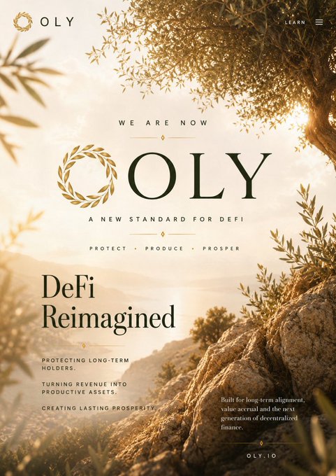 A promotional poster for 'OLY' DeFi project with tagline 'DeFi Reimagined' and 'A New Standard For DeFi: Protect, Produce, Prosper' at oly.io.