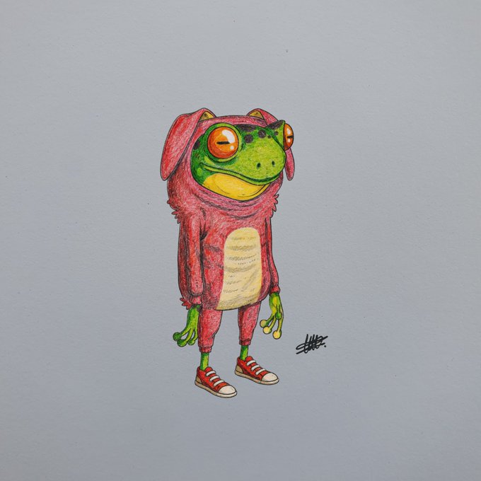 A hand-drawn illustration of a green frog wearing a red dog costume with floppy ears, standing upright in red sneakers.