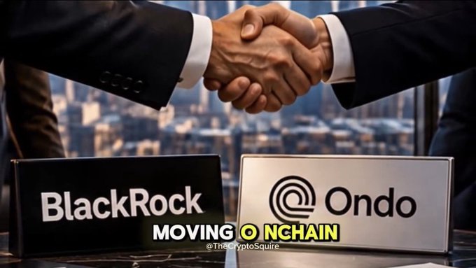 A business handshake between two people in suits with 'BlackRock' and 'Ondo' nameplates on the table, accompanied by the text 'MOVING ONCHAIN' and credit '@TheCryptoSquire'.
