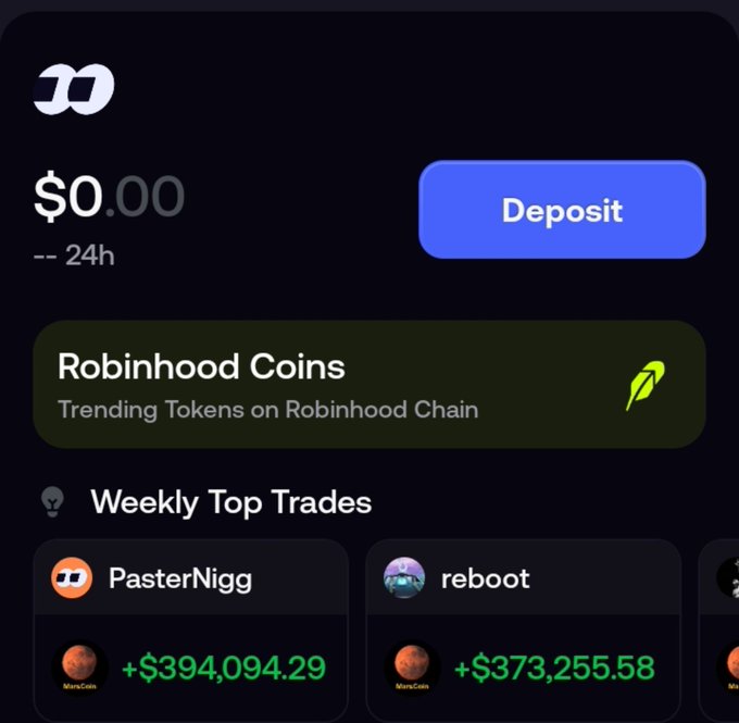 A screenshot of a cryptocurrency wallet app interface showing a $0.00 balance, a "Deposit" button, a "Robinhood Coins - Trending Tokens on Robinhood Chain" banner, and "Weekly Top Trades" featuring PasterNigg (+$394,094.29) and reboot (+$373,255.58).