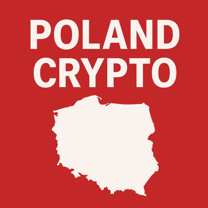 A red graphic with white text reading 'POLAND CRYPTO' above a white silhouette map of Poland.