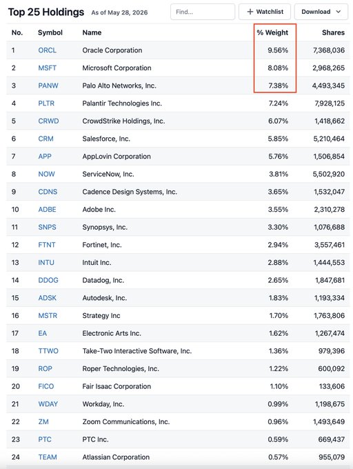 The image shows a table with various companies listed across multiple columns. The top row of the table displays the names of different companies along with their respective weights or rankings. The table also includes some numbers, likely representing the financial performance of these companies. In addition to the company names and weights, there are two symbols in the image that represent the companies: a dollar sign for $IGV and a dollar sign for $PLTR.