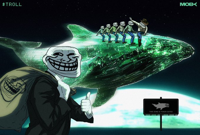 The image features a cartoon character dressed as a businessman, standing next to a green whale that has a sign attached to its back. The character appears to be giving a thumbs up gesture while holding a bag of money. In the background, there is a sign with the words "MOB" and "Trolls", indicating that this scene takes place in a troll chat or community where members can use tokens to access exclusive content.