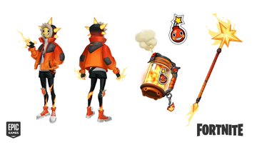 Fortnite promotional image showing a character in an orange hoodie with glowing yellow hands holding sparklers, alongside a star-shaped staff, dynamite, and a smoke bomb, with the Epic Games and Fortnite logos.